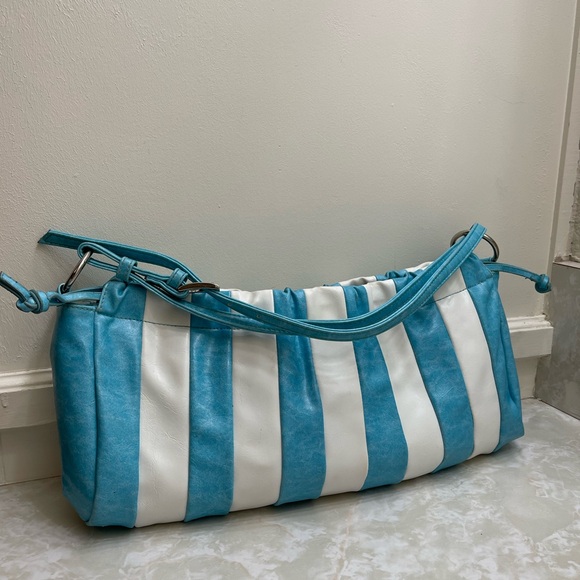 OKPTA Striped Turquoise and White Women's Bag cinches GUC rare and vintage style - Picture 12 of 13